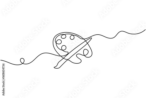 Art brush with paint palette minimal one line drawing isolated outline vector illustration
