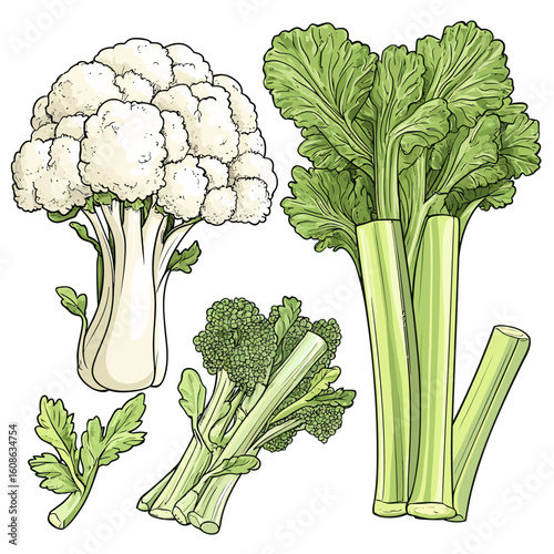 Vegetable food illustration, modern drawing of broccoli, cauliflower and celery, healthy eating cooking ingredients, vector cliparts