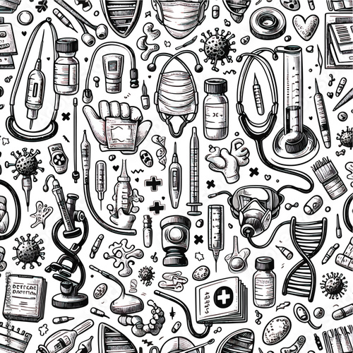 seamless pattern with doodle elements health, medical