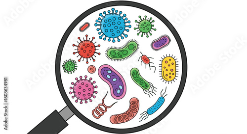 Examining a diverse collection of microscopic organisms and bacteria through a magnifying glass lens