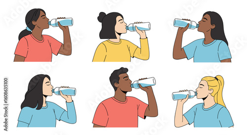 People of diverse ethnicities and genders enjoying refreshing sips of pure water from clear bottles staying hydrated throughout the day promoting healthy living and wellness practices