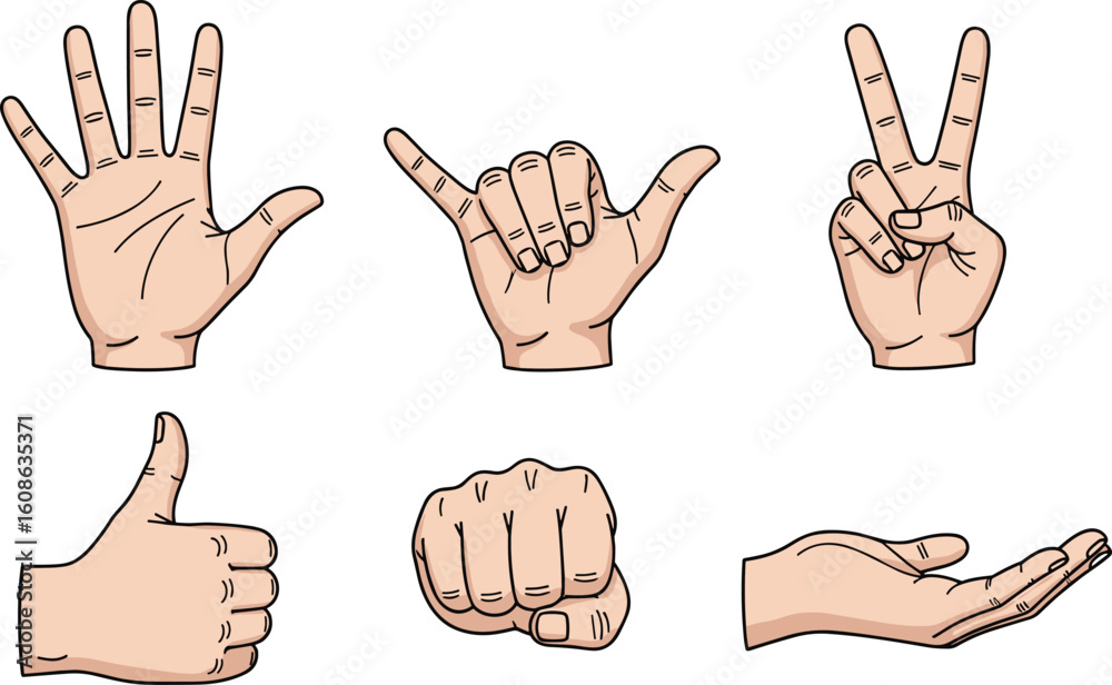 Fototapeta premium Cartoon hand gesture icon set vector with expressive poses—open palm, thumbs-up, fist, V-sign, shaka, cupped hand—fun flat design for communication and lifestyle graphics