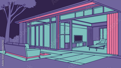 Illustration of a modern house with large windows and a tree in the yard at night time scene