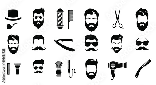 Collection of classic barber shop icons representing grooming and styling services for men