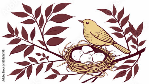 A bird perched on a branch near a nest filled with eggs surrounded by leaves and branches of a tree