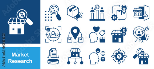 Market Research icon set with Sampling, Brand awareness, Competitor analysis, Product development, Consumer behavior, Focus group, Market segmentation, Data collection.