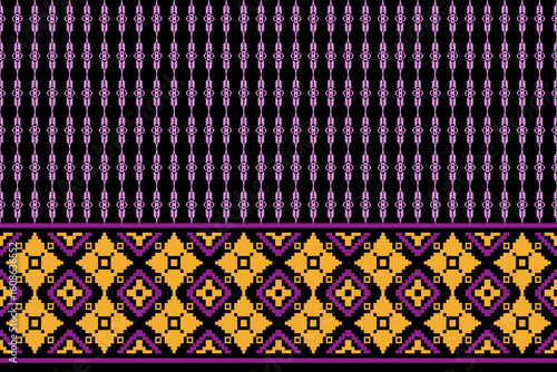 Elegant pixel textile design inspired by traditional Thai weaving, featuring a gold and purple diamond border with vertical motifs. Ideal for fabric prints, crafts, and digital design.