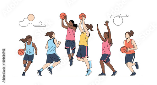 Female athletes in action during an intense basketball game showcasing their athleticism and teamwork on the court
