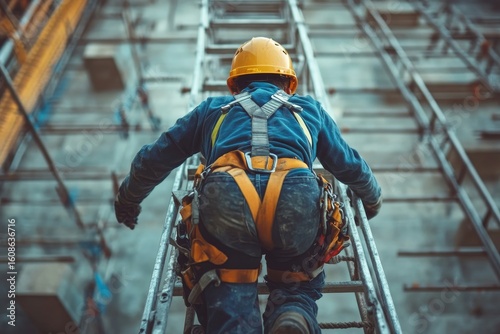 Worker falling from a ladder at a construction site, depicting an accident at the workplace, Generative AI