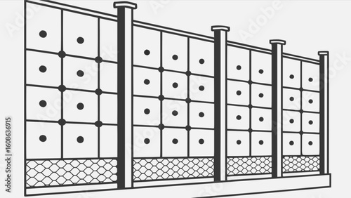 A fence with square panels containing dots and a wire mesh base running along the bottom edge