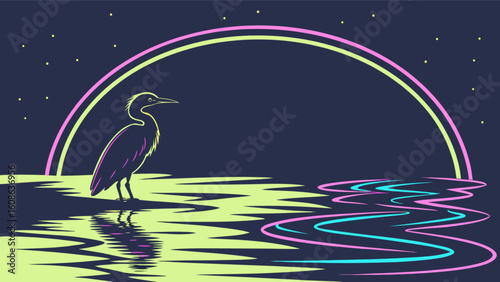 A heron stands on the shore under a neon rainbow with stars reflected in the water at night