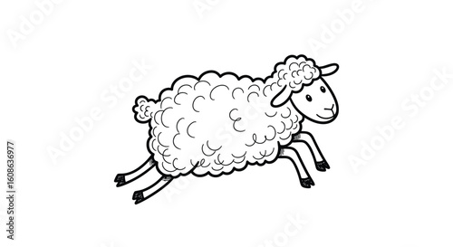 A fuzzy sheep with a fluffy wool coat is joyfully leaping across a white background with its legs extended