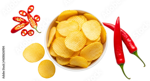 Bowl of ridged potato chips with red chili peppers isolated on a transparent background wavy
