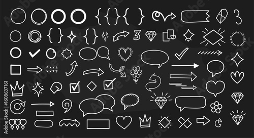 Collection of hand drawn doodle arrows speech bubbles hearts stars and geometric shapes on chalkboard background