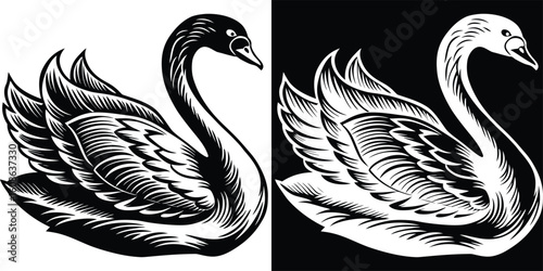 An intricate black and white line drawing of two swans intertwined, showcasing their symmetry and elegance in flight
