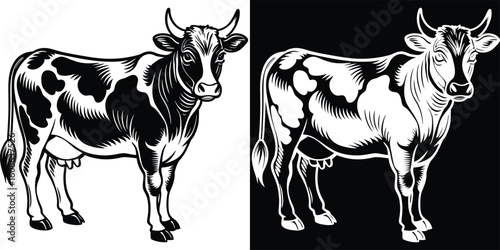 A beautifully crafted black and white illustration of two cows, focusing on their robust features and calm demeanor, perfect for agricultural art lovers.