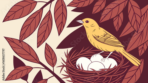 A yellow bird perched above a nest with white eggs surrounded by brown leaves and branches art