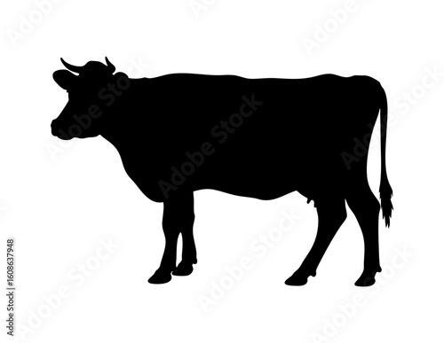The black silhouette of a sideways walking cow is ideal for farm themed designs, agriculture concepts, or animal related illustrations.