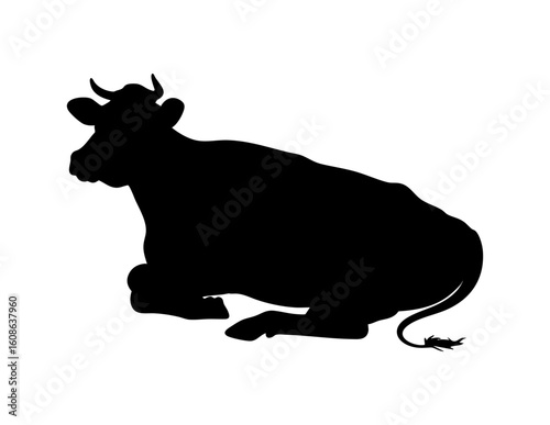 Black silhouette of a lying down cow perfect for farm logos, agriculture branding, or rural themed designs requiring animal imagery.