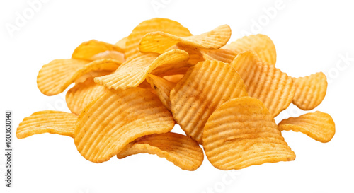 Pile of ridged potato chips with golden brown seasoning isolated on a transparent background crisps snack