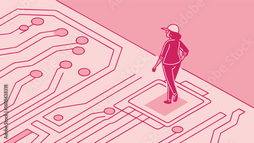 Woman in pink walking on a pink circuit board with pink background in a pink illustration style