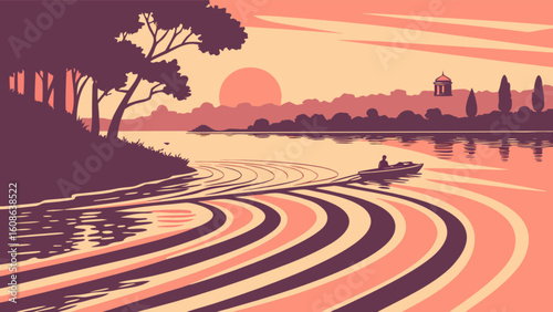 Illustration of a motorboat on a lake at sunset with trees and a building in the background landscape