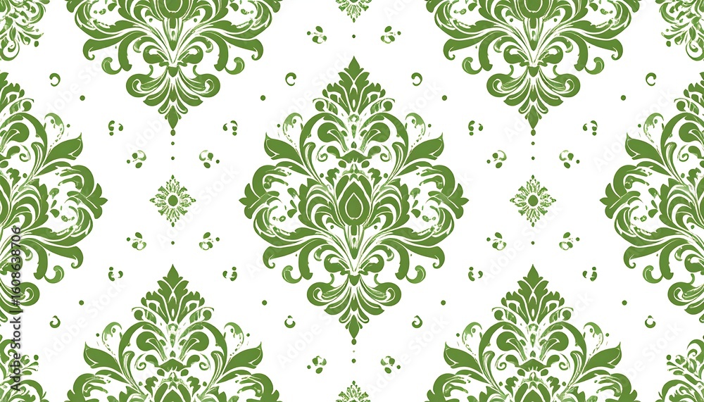 Elegant repeating pattern of dark-green damask motifs on white background Elegant repeating pattern of dark-green damask motifs on white background