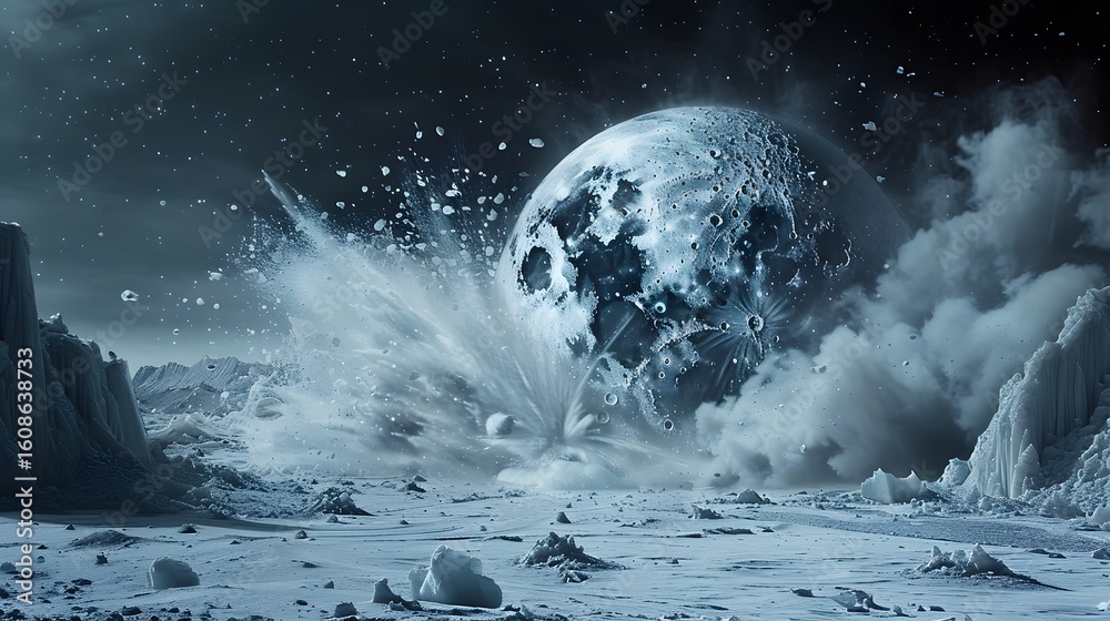 Fototapeta premium Comet Colliding with Icy Extraterrestrial Moon