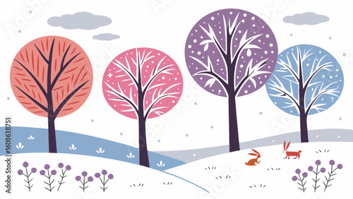 Colorful winter landscape with trees snow clouds and rabbits in a whimsical cartoon style illustration