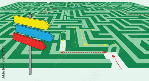 Navigating complex labyrinth pathways with directional signage and visual cues for problem solving