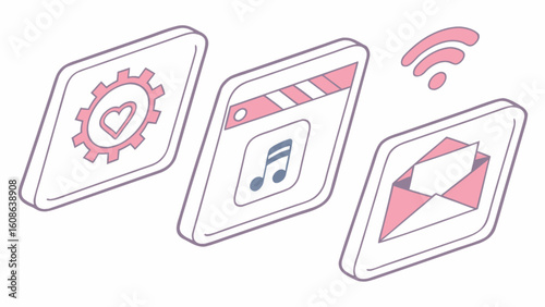 Isometric icons of settings music and email with wifi signal in pink and white color scheme design