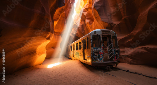 Surreal scene of an abandoned subway train illuminated by dramatic sunbeams in a desert canyon