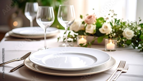 Wallpaper Mural Elegant table setting with white plates, silverware, wine glasses, and a floral centerpiece Torontodigital.ca