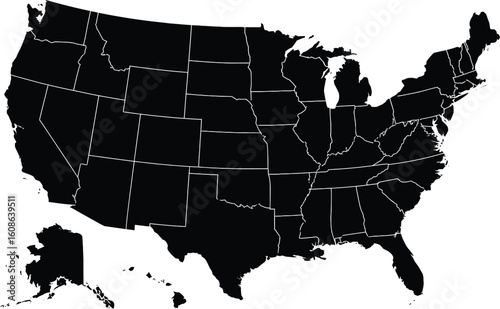 United States of America black silhouette map with white borders vector