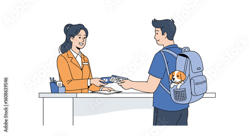 Customer paying for services at a counter with a pet in their backpack demonstrating cashless transactions and convenience