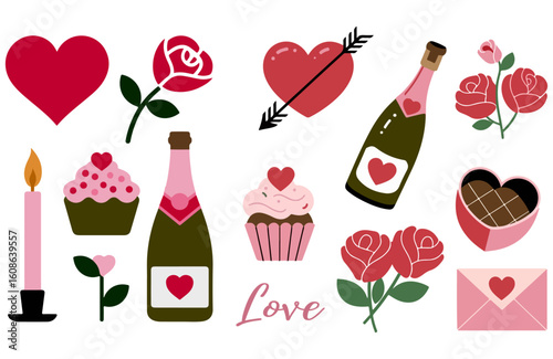 set of valentines day icons, heart, cake, rose, flowers, love,  drinks glass, candle, ornament.