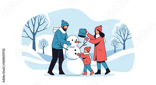 A happy family builds a snowman together on a snowy winter day enjoying outdoor activity and creating memories in the cold weather