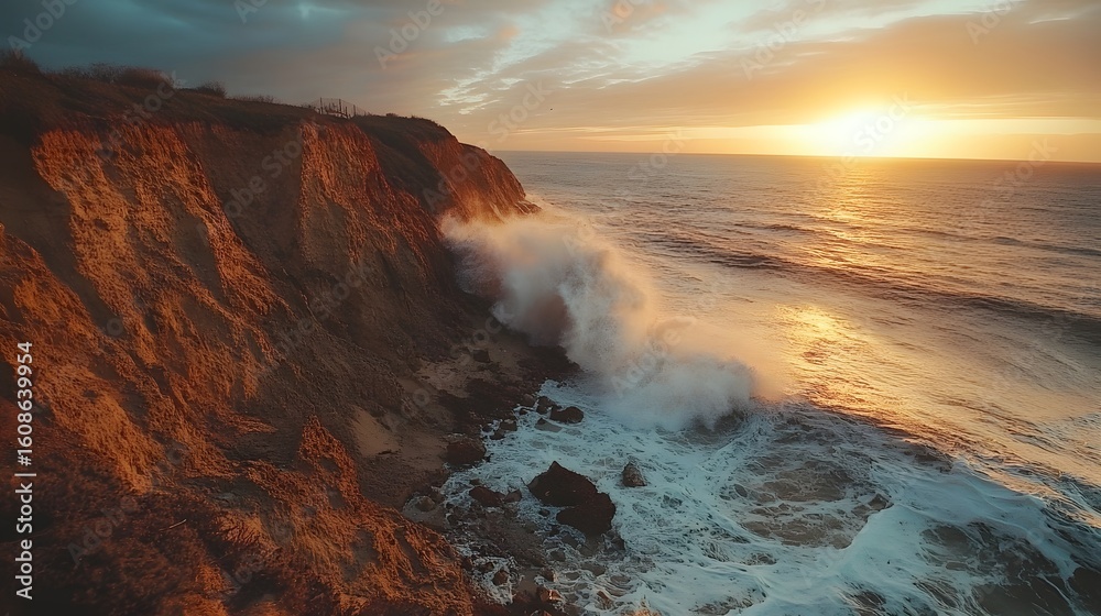 Fototapeta premium Dramatic sunset over a rugged coastal cliff and crashing waves