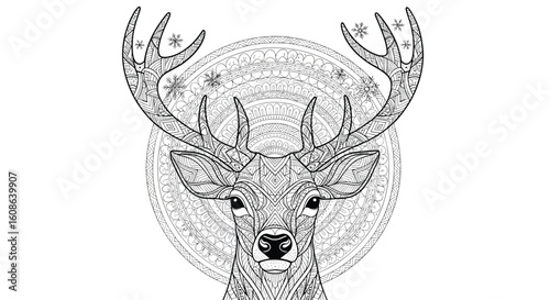 Intricate stag head with antlers encased within a circular pattern creating a mystical forest spirit emblem design