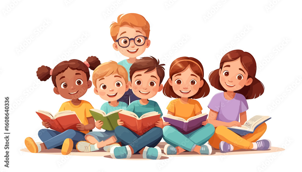 Illustration Vector SVG of Cartoon Children Reading Books in Flat Design Style Illustration Vector SVG of Cartoon Children Reading Books in Flat Design Style
