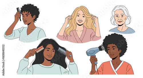 Diverse women caring for their hair demonstrating various styling techniques and hair types