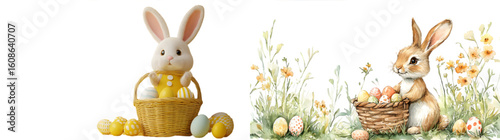 easter bunny with basket easter eggs isolated on a transparent background