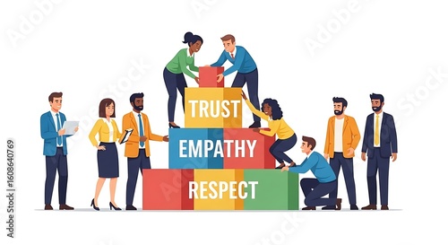 Teamwork building blocks trust empathy respect business collaboration success vector illustration concept