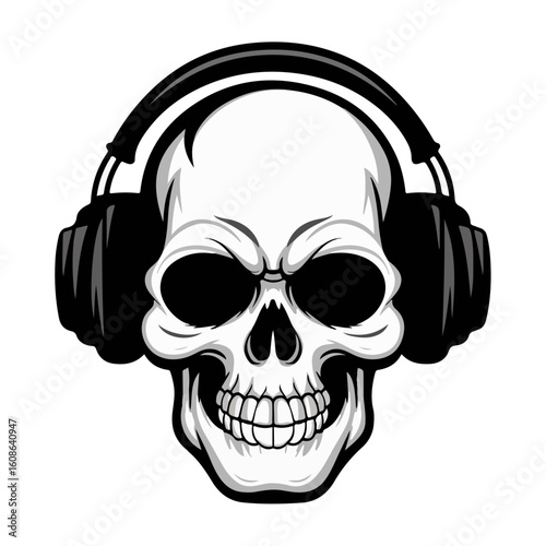 a human skull with headphones vector icon black and white.