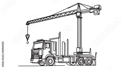 Continuous one single minimal line drawing construction truck