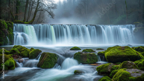 Tranquil waterfall flowing over mossy rocks in a lush green forest environment