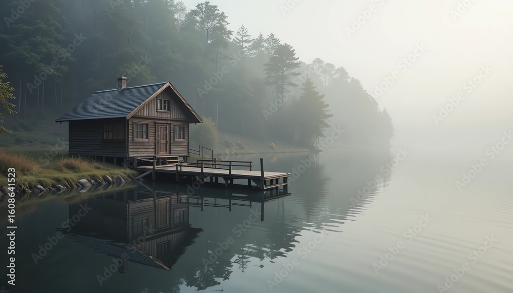 Fototapeta premium Wooden lakeside house with small dock, calm water reflections, morning mist, serene mood