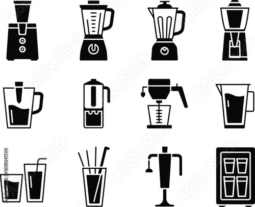 Collection of kitchen appliance icons including blenders and juicers