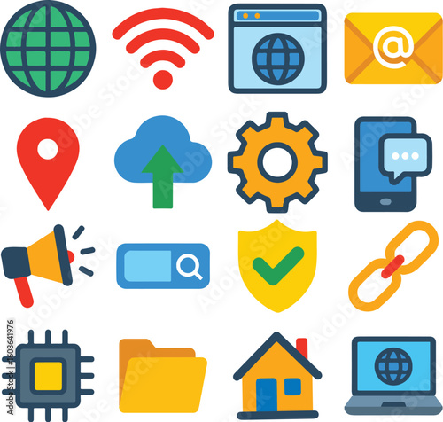 Internet and Web Technology Icon Set – Flat Color Vector PNG Bundle