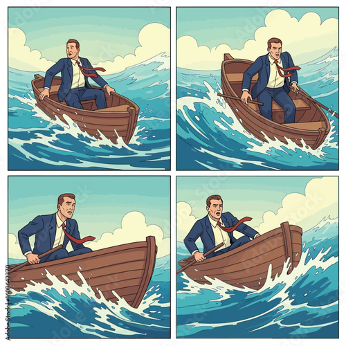 Businessman in a Rowboat Navigating Rough Waters Metaphor for Challenges and Adversity With a Comic Book Style Illustration